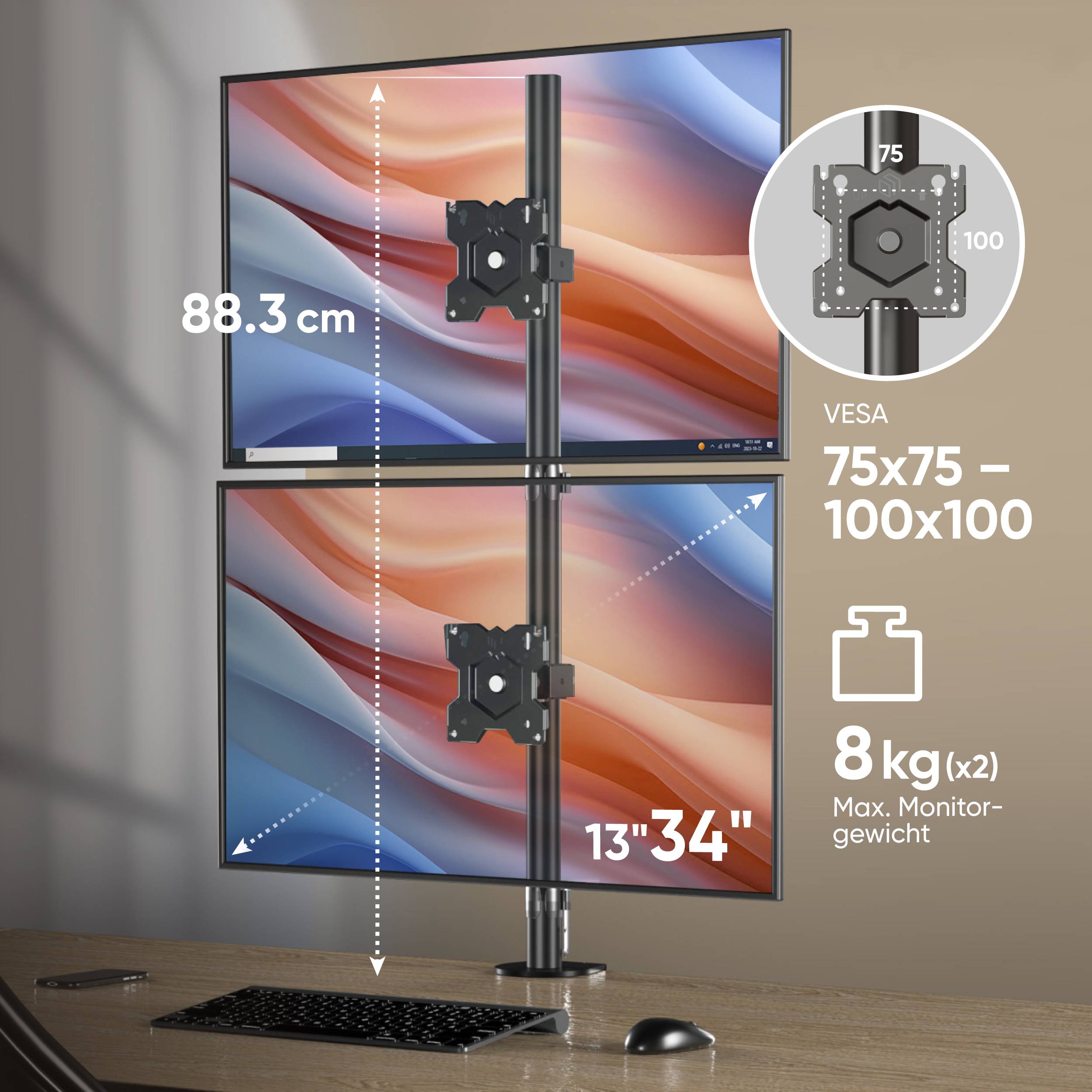 ONKRON Doppel Monitorhalterung für 2 Monitore 13-34", bis 8 kg, VESA 75x75 & 100x100, D208E-1
