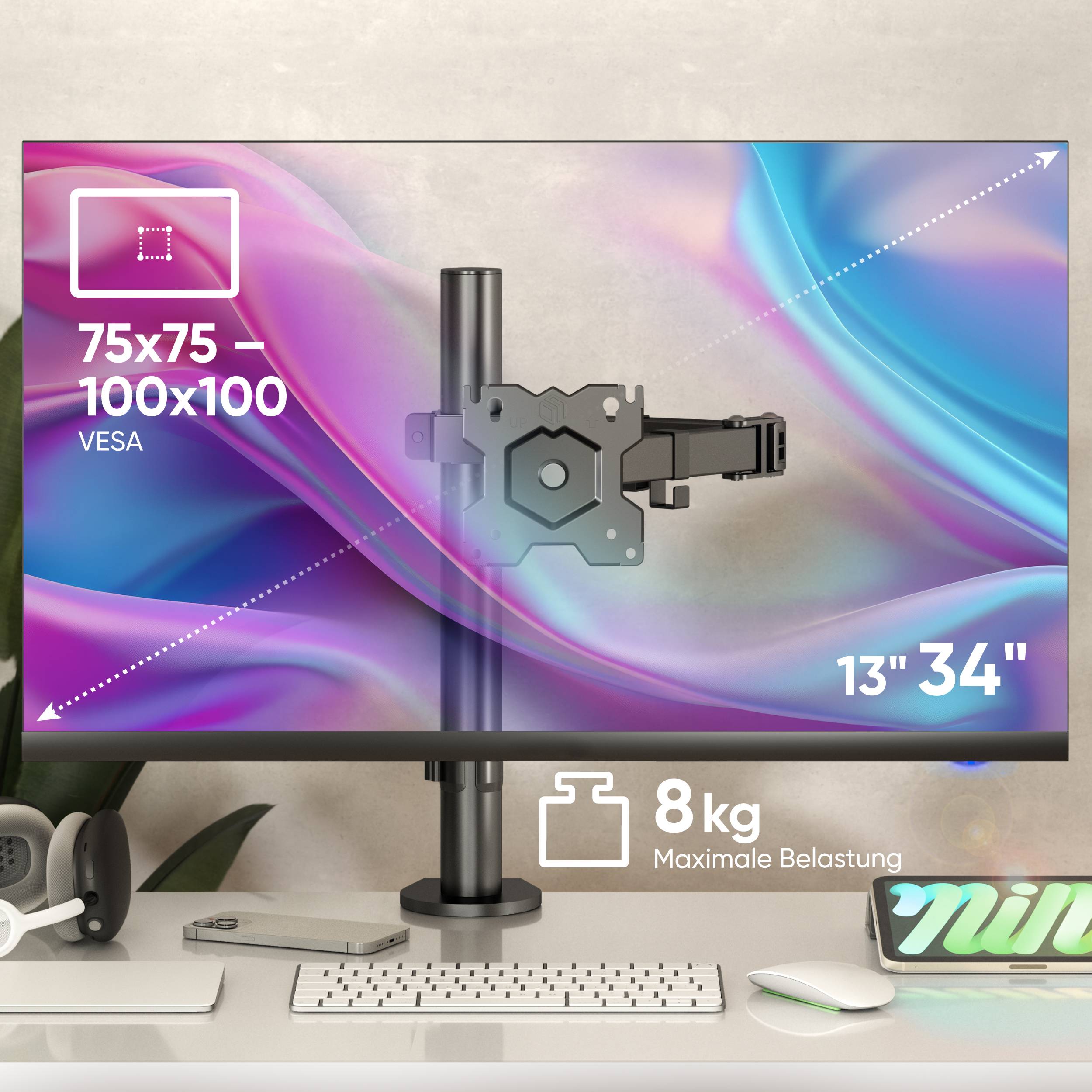ONKRON Monitorhalterung Tisch für 13-34 Zoll bis 8 kg, VESA 75x75 & 100x100, D121E-1