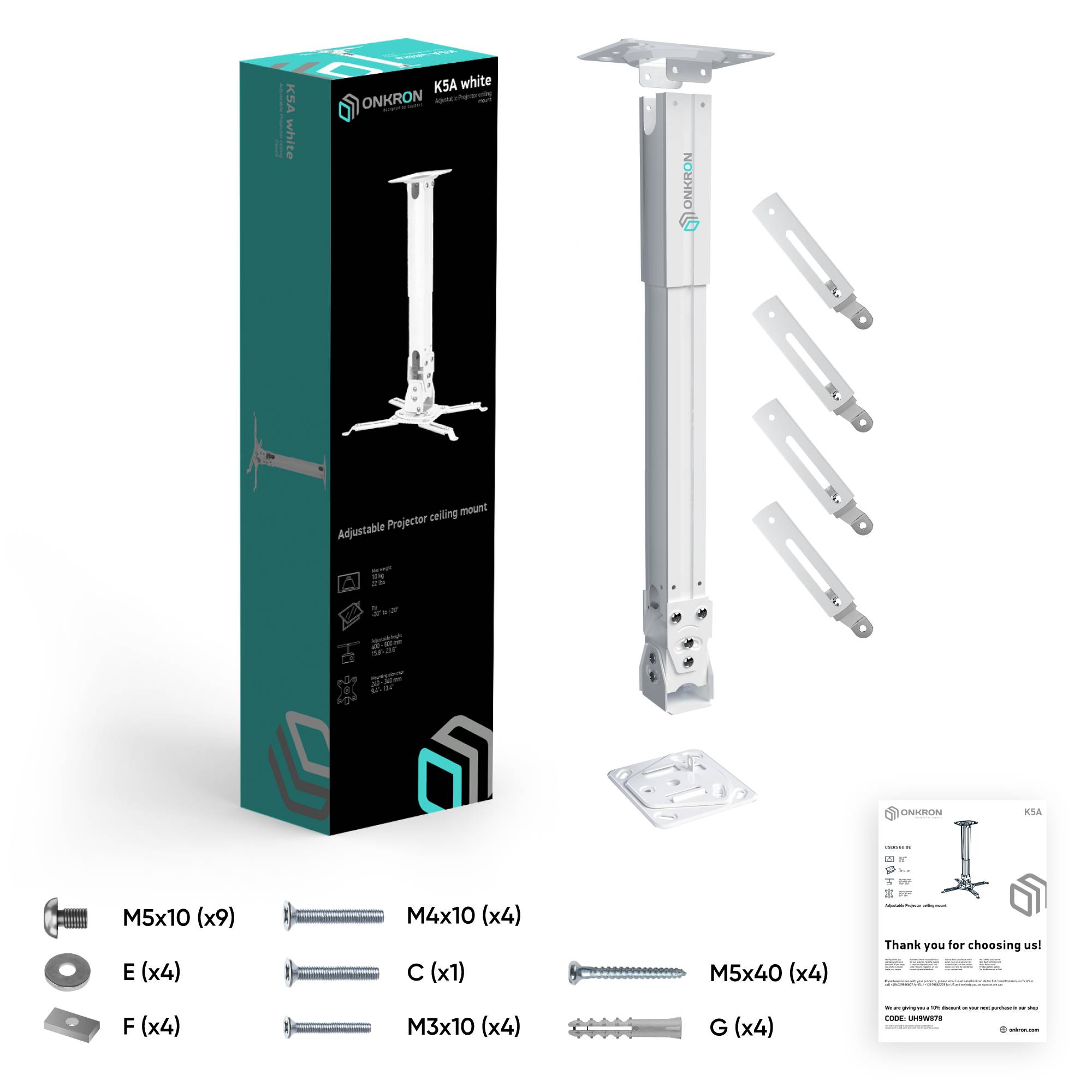 ONKRON Halterung Beamer Decke & Wand für Projektoren bis 10 kg,Weiß K5A-6