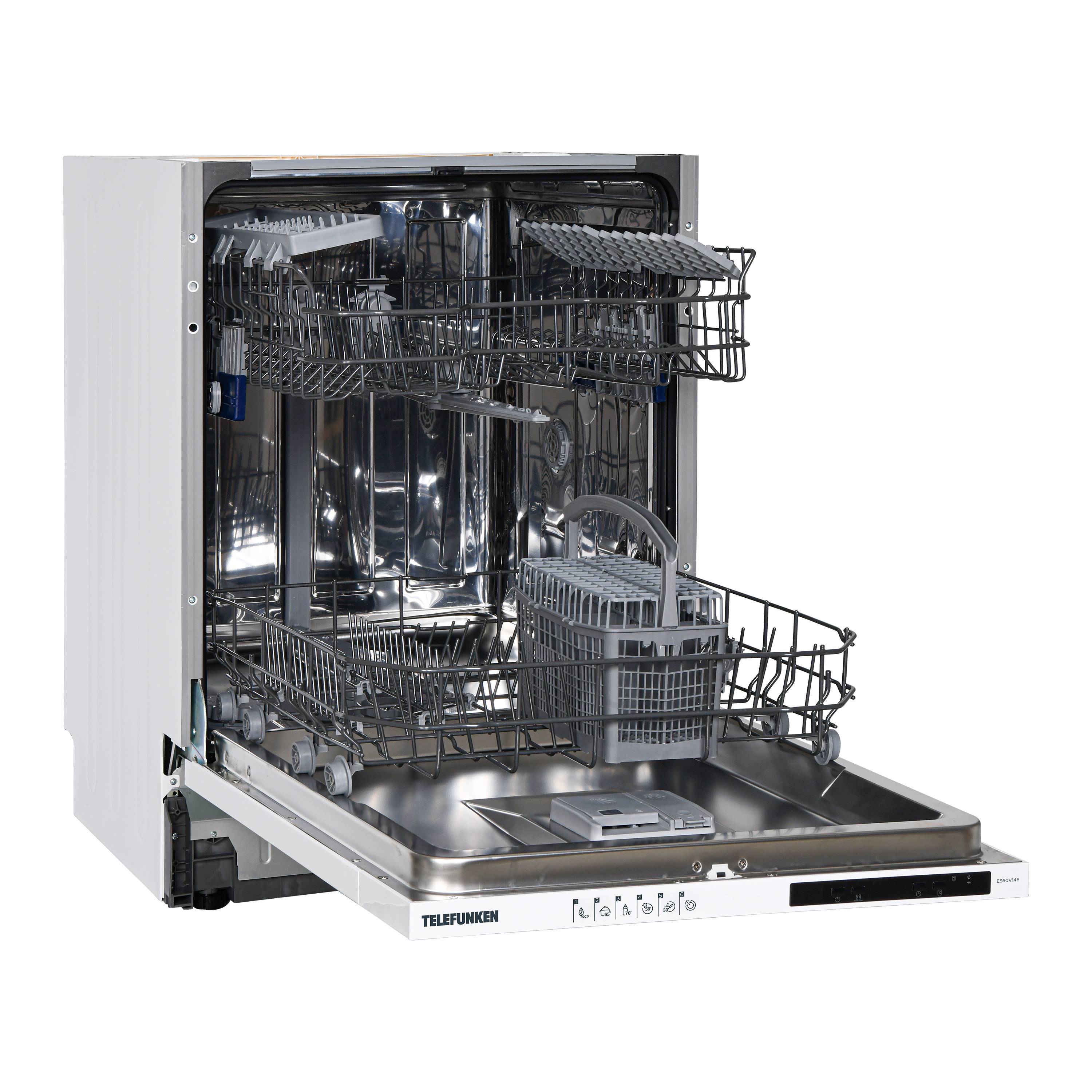 Ein leerer Einbaugeschirrspüler vor neutralem Hintergrund