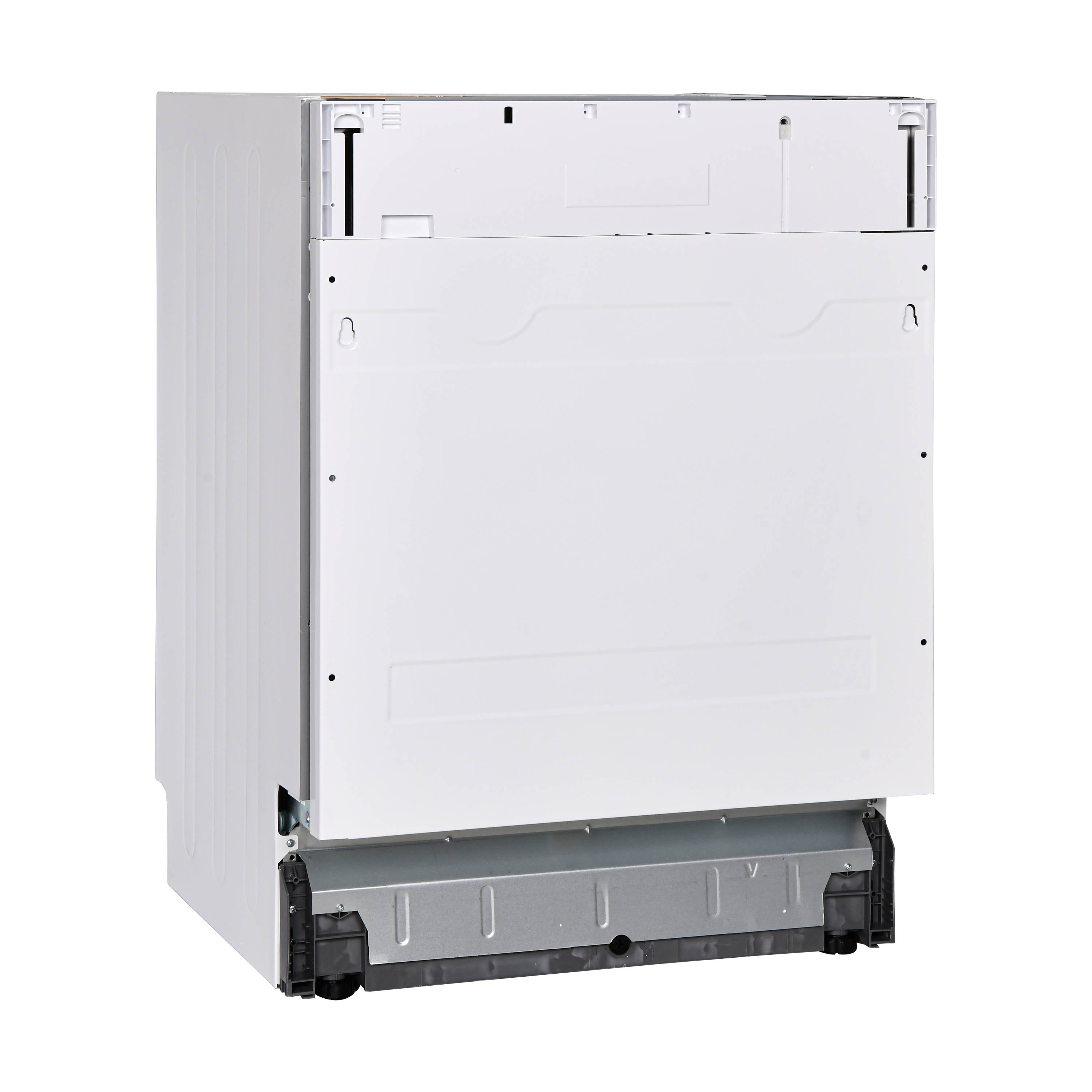 Ein weißer Geschirrspüler von Telefunken als Einbaugerät. Neutraler Hintergrund auf dem Bild.