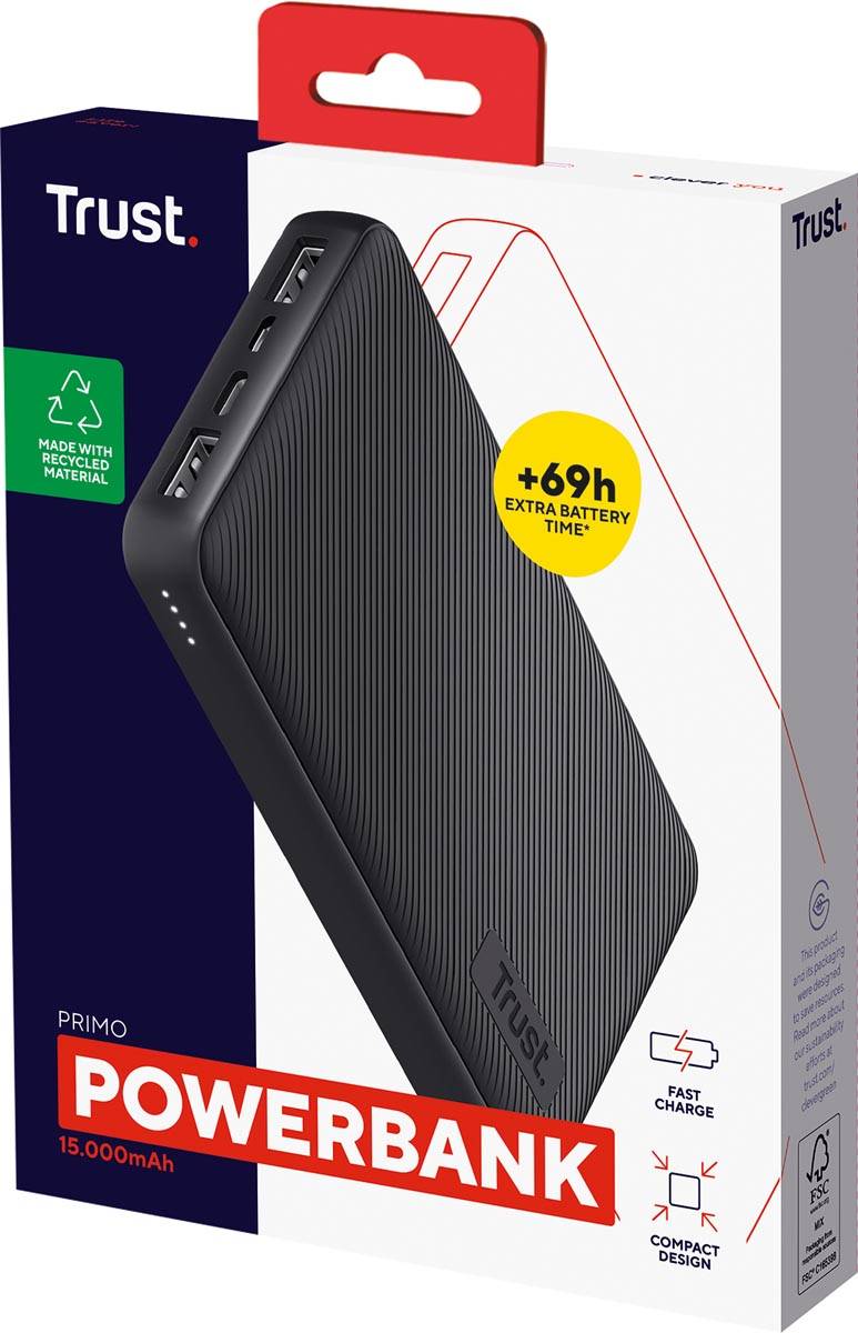 Trust Primo Kompakte 15.000 mAh Powerbank - Schwarz 24677-1