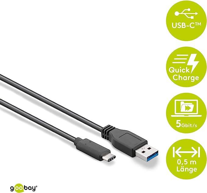 Goobay 67999 USB C auf USB A 3.1 Gen. 1 Ladekabel 15W Handy Kabel Adapterkabel 5 Gbit/s Schnellladekabel Schwarz 0,5 m-1