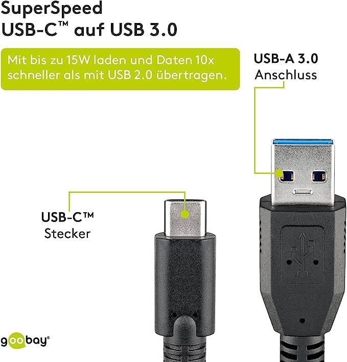 Goobay 67999 USB C auf USB A 3.1 Gen. 1 Ladekabel 15W Handy Kabel Adapterkabel 5 Gbit/s Schnellladekabel Schwarz 0,5 m-3