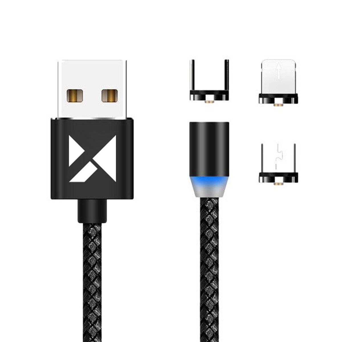 Wozinsky Magnetkabel USB / Micro USB / USB Type C / iPhone-Anschluss Kabel 2.4A 1m mit LED Schwarz (WMC-01)-0