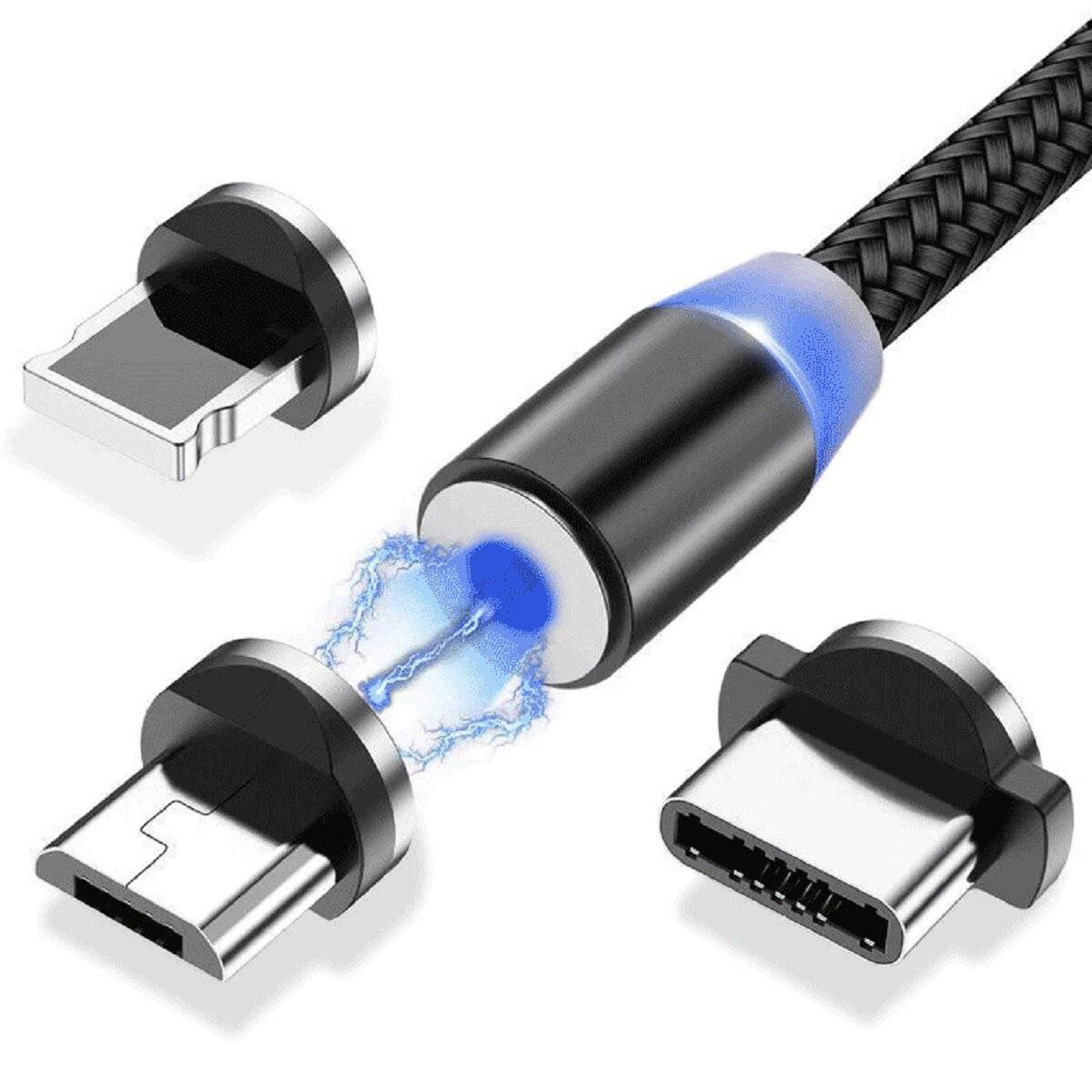 Wozinsky Magnetkabel USB / Micro USB / USB Type C / iPhone-Anschluss Kabel 2.4A 1m mit LED Schwarz (WMC-01)-1