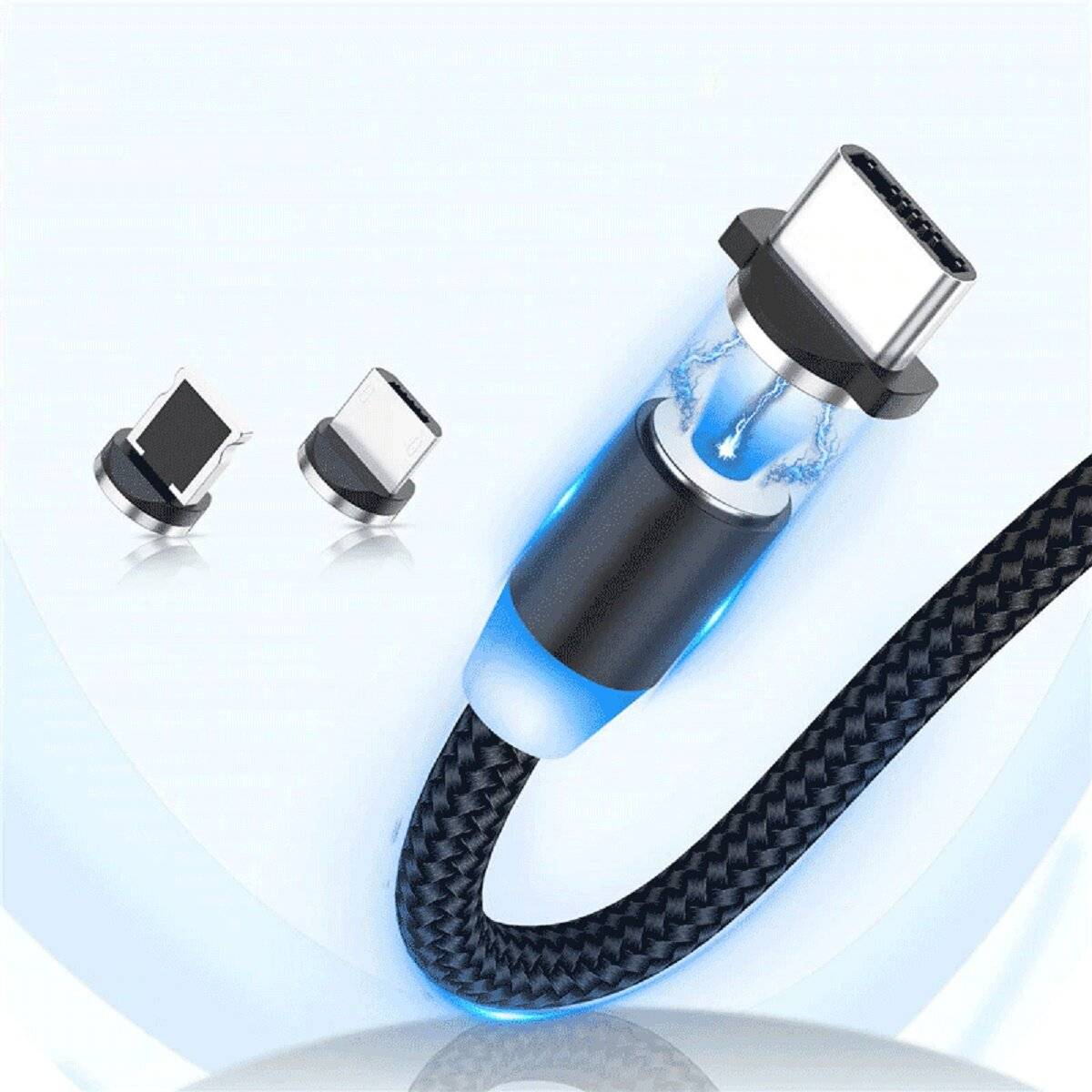 Wozinsky Magnetkabel USB / Micro USB / USB Type C / iPhone-Anschluss Kabel 2.4A 1m mit LED Schwarz (WMC-01)-2