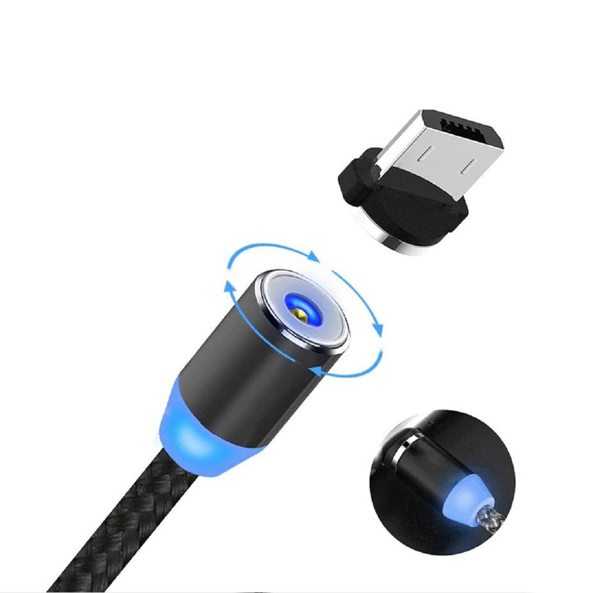 Wozinsky Magnetkabel USB / Micro USB / USB Type C / iPhone-Anschluss Kabel 2.4A 1m mit LED Schwarz (WMC-01)-3