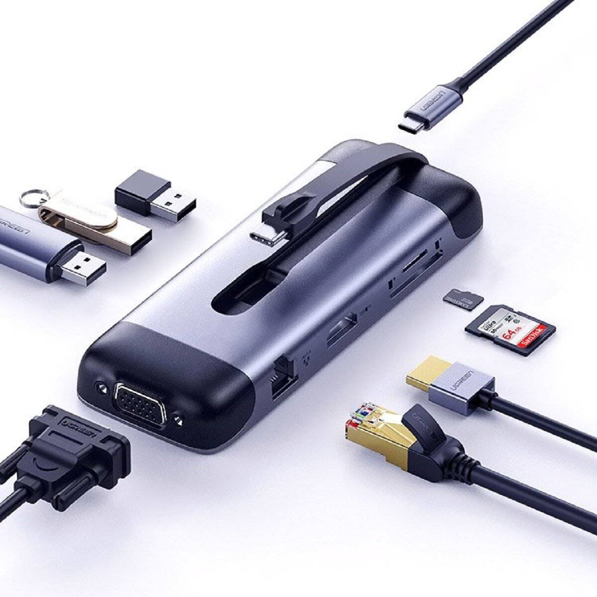 Ugreen 9in1 Multifunktions HUB USB Typ C - HDMI / 3x USB 3.2 Gen 1 / SD Micro SD / usw.100W 20V 5A Grau (70409 CM286)-1