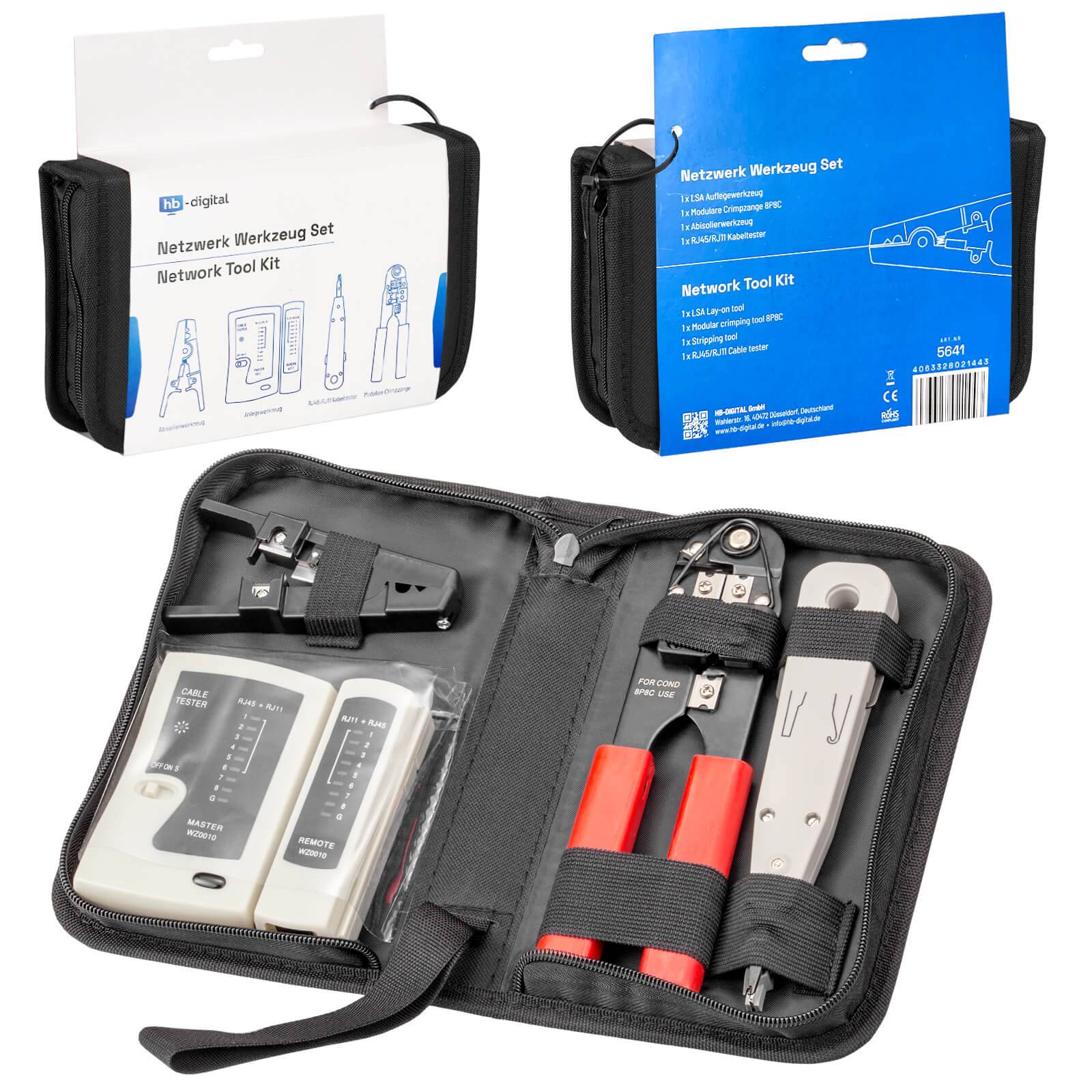 hb-digital Netzwerk Werkzeug SET LSA Auflegewerkzeug Crimpzange Kabeltester 4-teilig mit Tasche-0