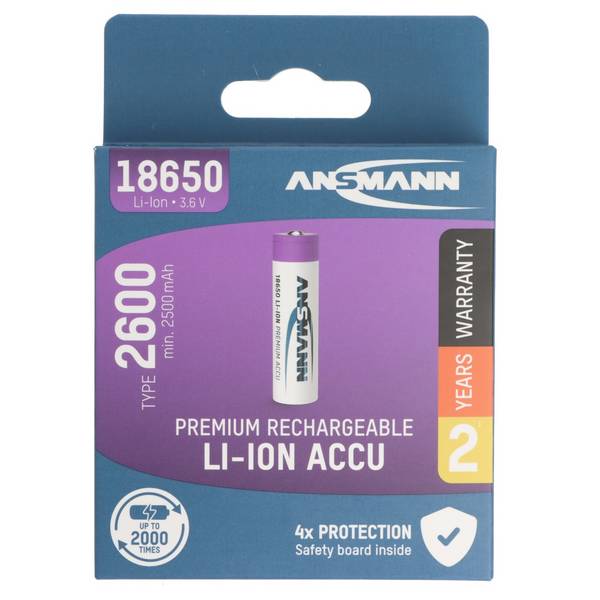 18650 Lithium-Ionen Akku 3,6 Volt 2600mAh, 9.36Wh, 69,8x18mm, geschützter Akku, Sicherheitsbeschaltung