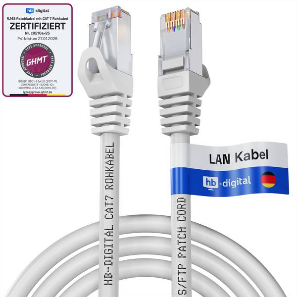 hb-digital Netzwerkkabel 3m CAT7 Rohkabel RJ45 S/FTP PiMF LSZH weiß