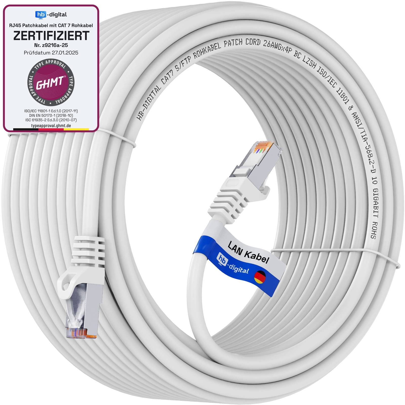 hb-digital Netzwerkkabel CAT7 Rohkabel RJ45 S/FTP PiMF 15m weiß-0