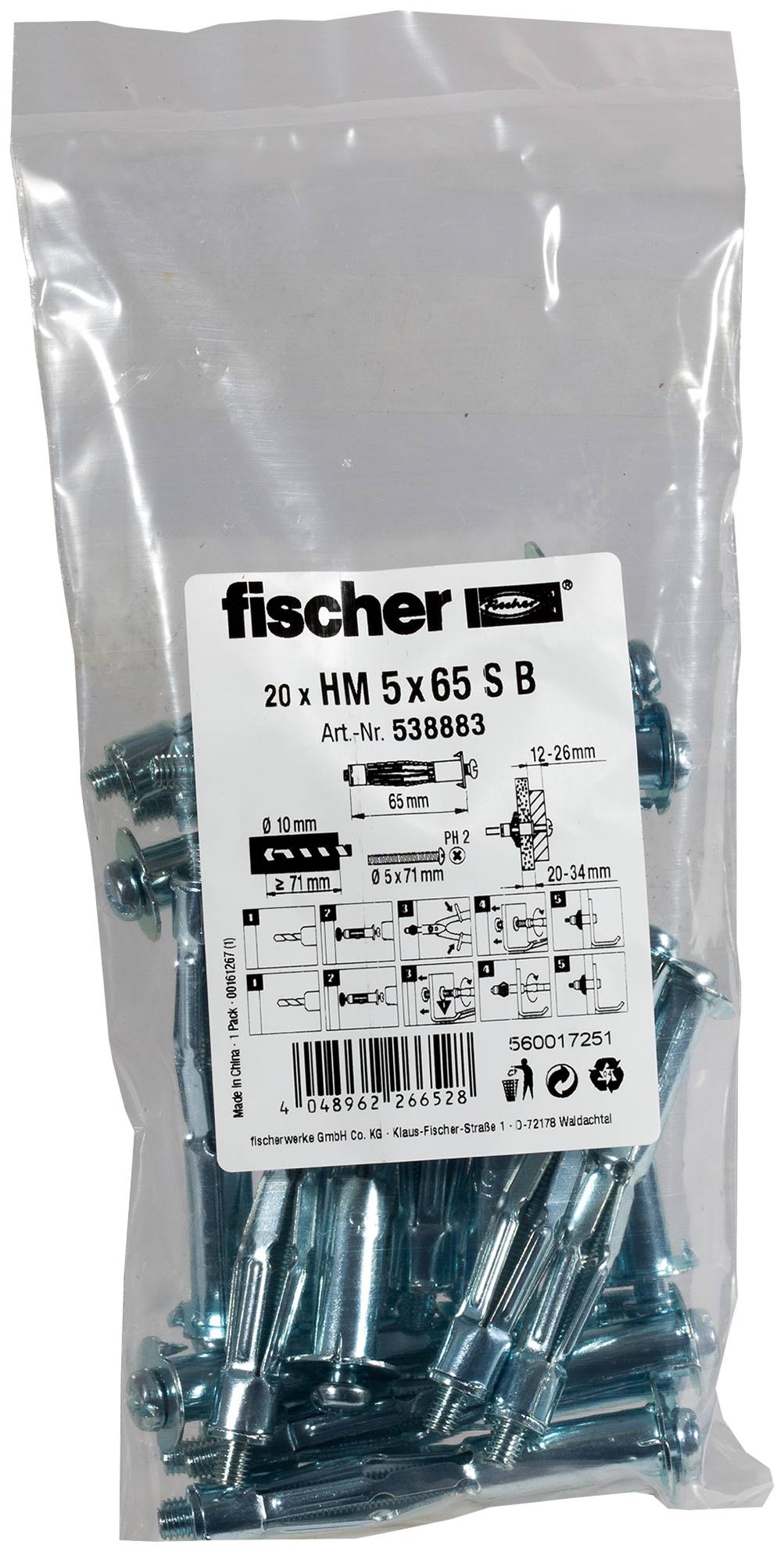 fischer 538883, Schrauben- & Dübelsatz, Gypsum fibre board, Metall, 65 mm, 1 cm, 2 cm-1