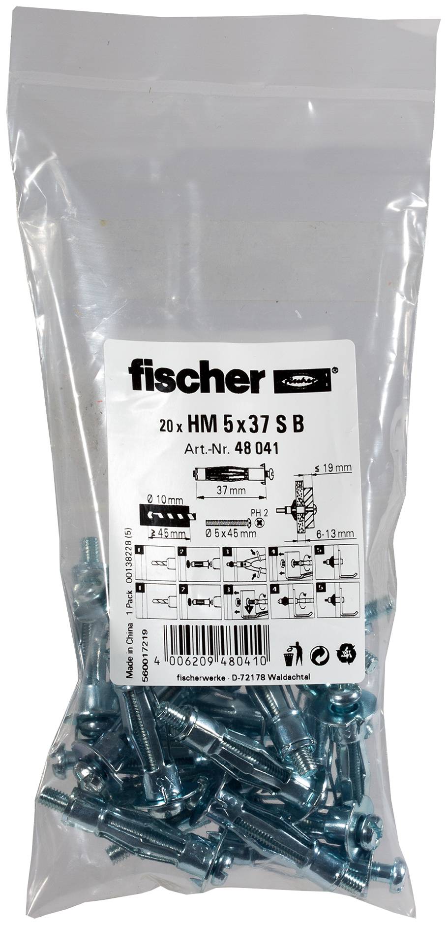 Fischer 20x Hohlraum-Metalldübel HM 5 x 37 S B im Beutel - 048041-1