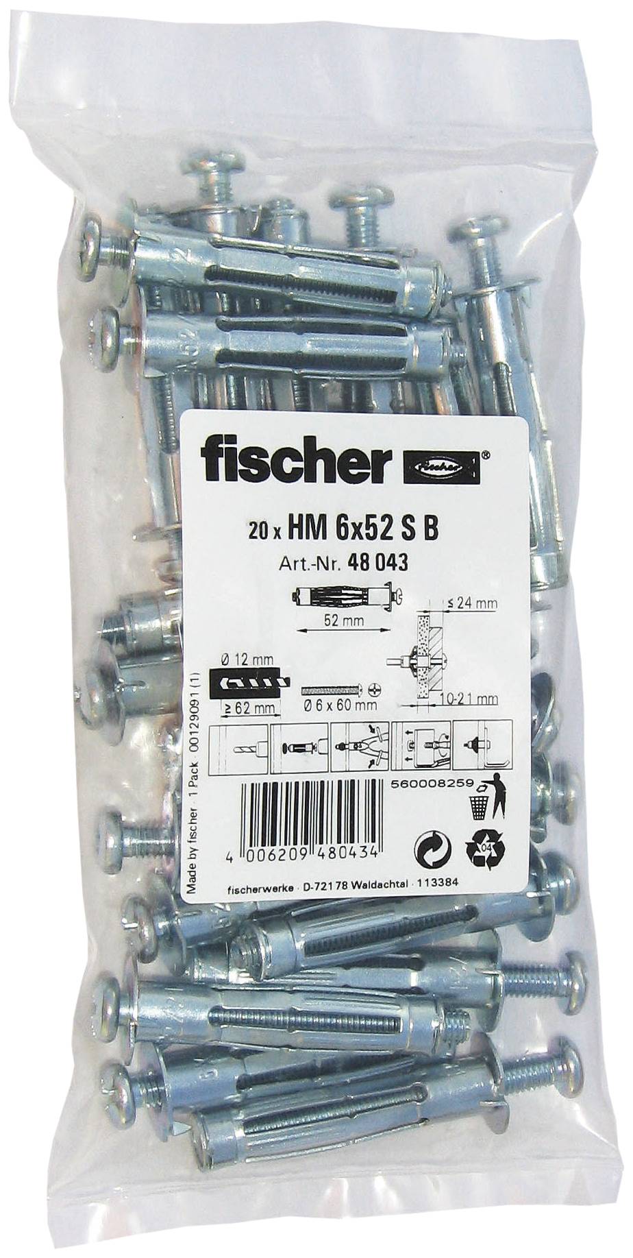 Fischer 20x Hohlraum-Metalldübel HM 6 x 52 S B im Beutel - 048043-1