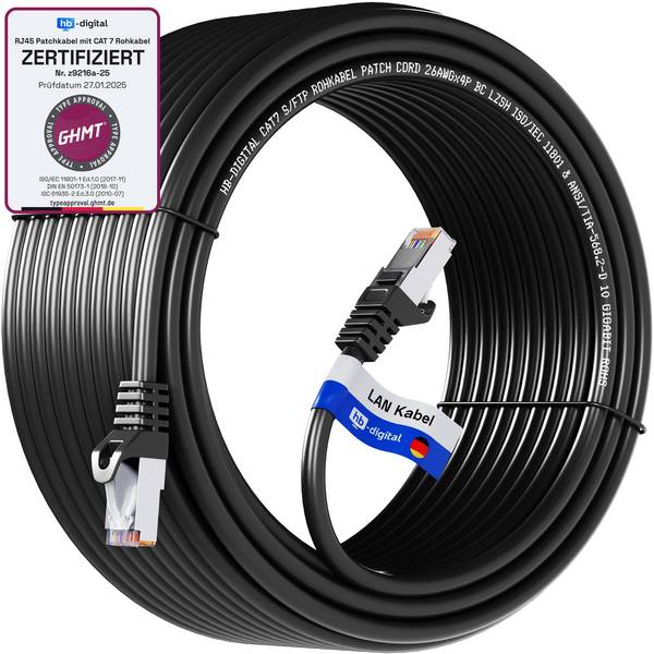 hb-digital LAN Kabel CAT7 Rohkabel RJ45 S/FTP PiMF Netzwerkkabel 50m schwarz