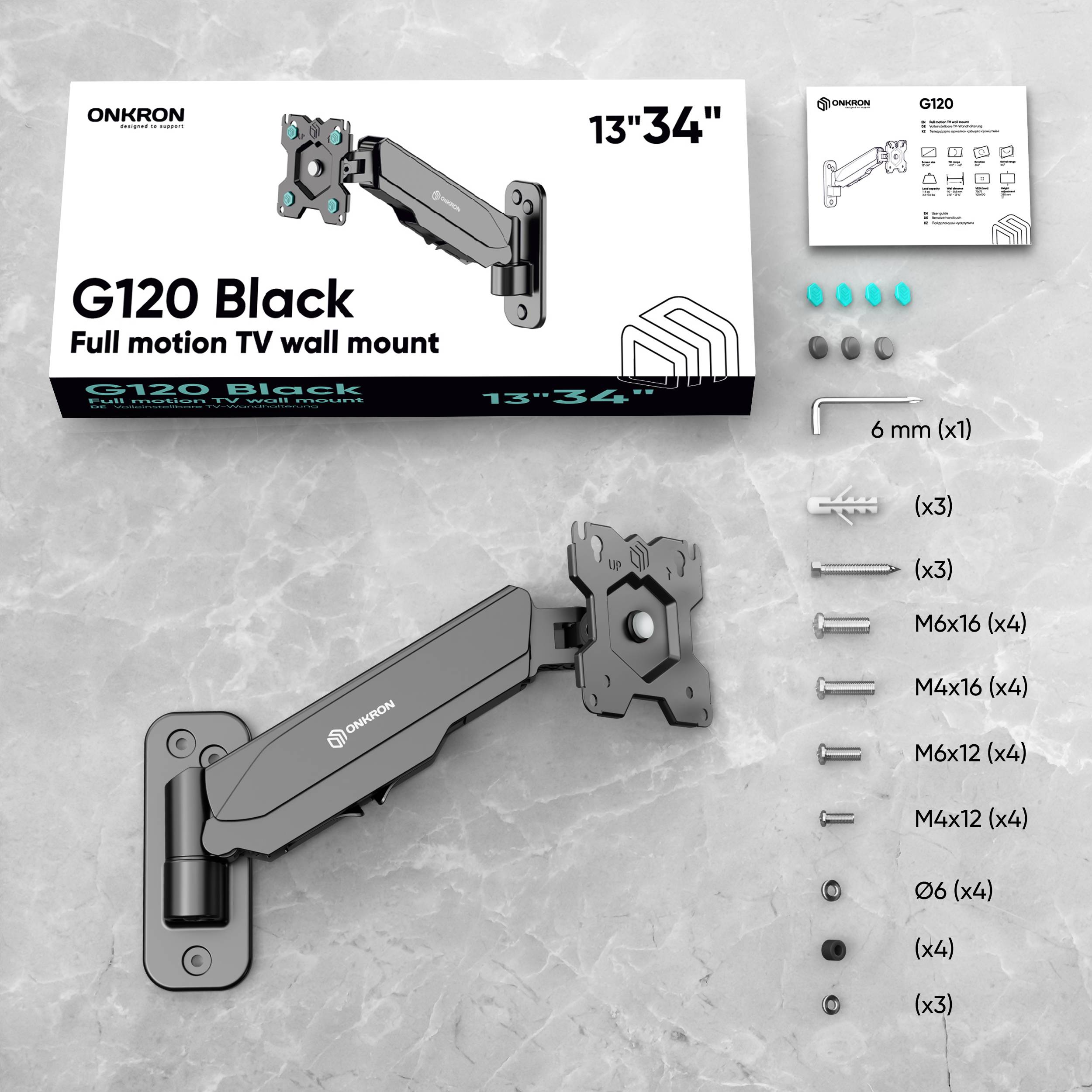 ONKRON Monitorhalterung 13"-34", 8 kg max, VESA 75x75-100x100, Schwenkbar, Neigbar, G120-B Schwarz-6
