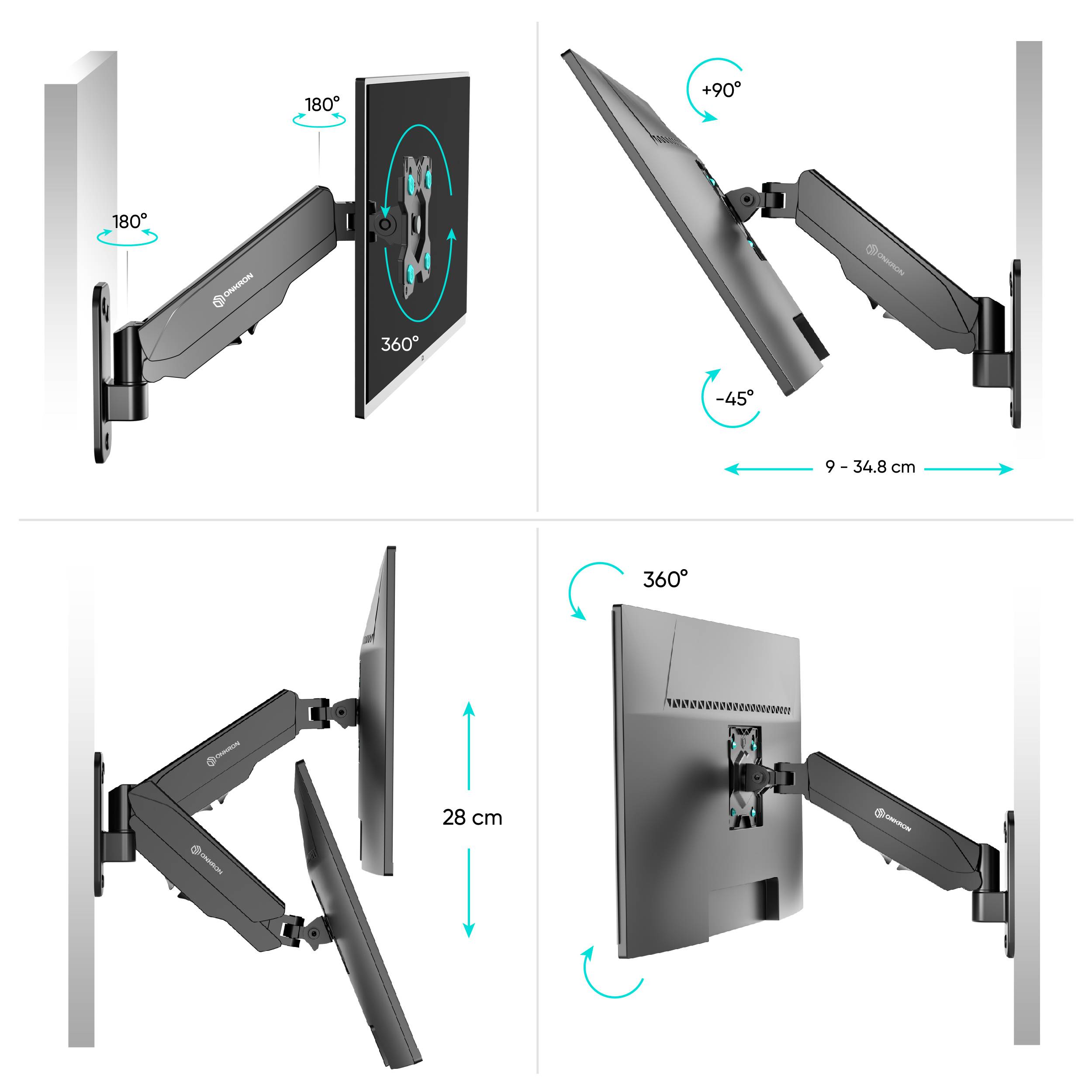 ONKRON Monitorhalterung 13"-34", 8 kg max, VESA 75x75-100x100, Schwenkbar, Neigbar, G120-B Schwarz-1