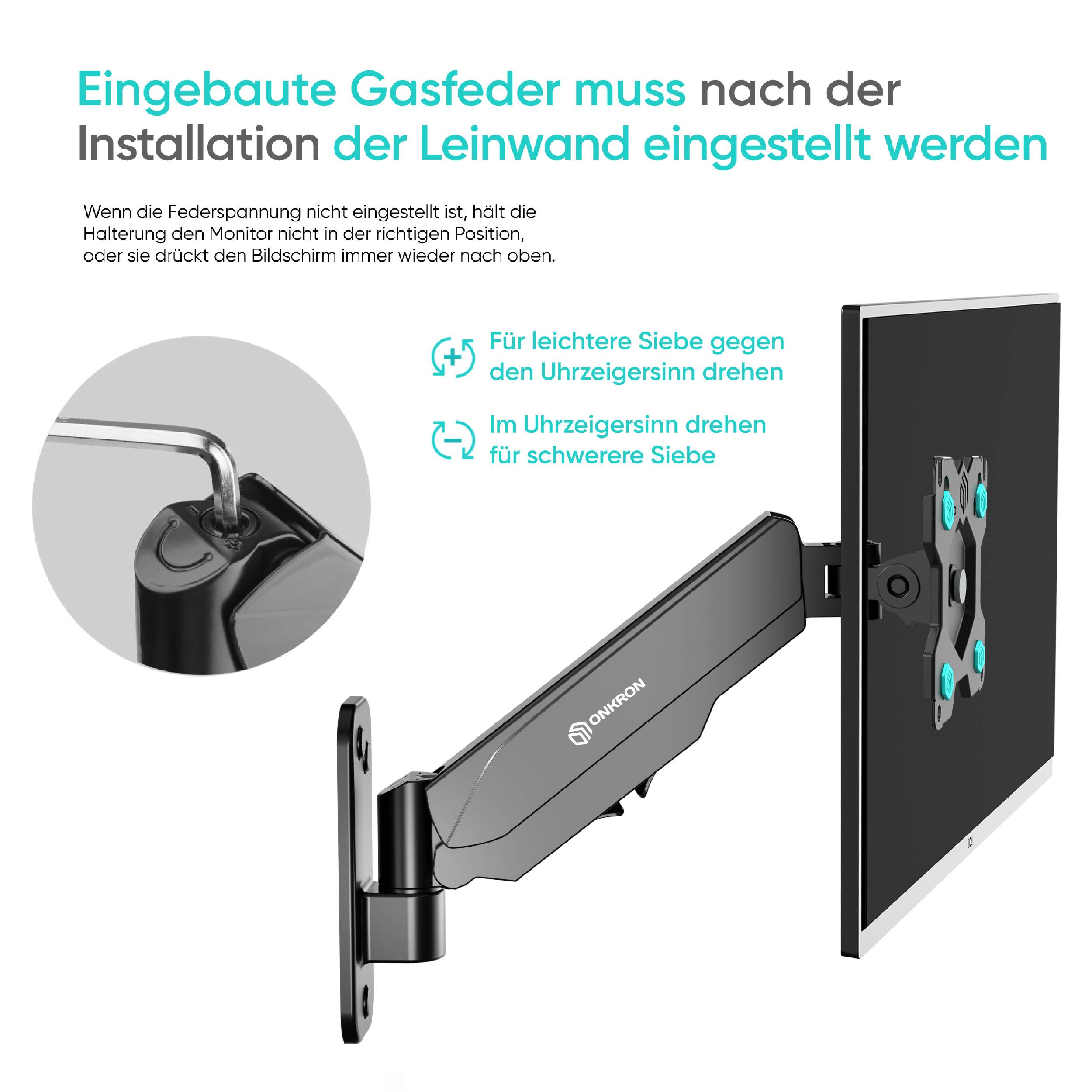 ONKRON Monitorhalterung 13"-34", 8 kg max, VESA 75x75-100x100, Schwenkbar, Neigbar, G120-B Schwarz-2