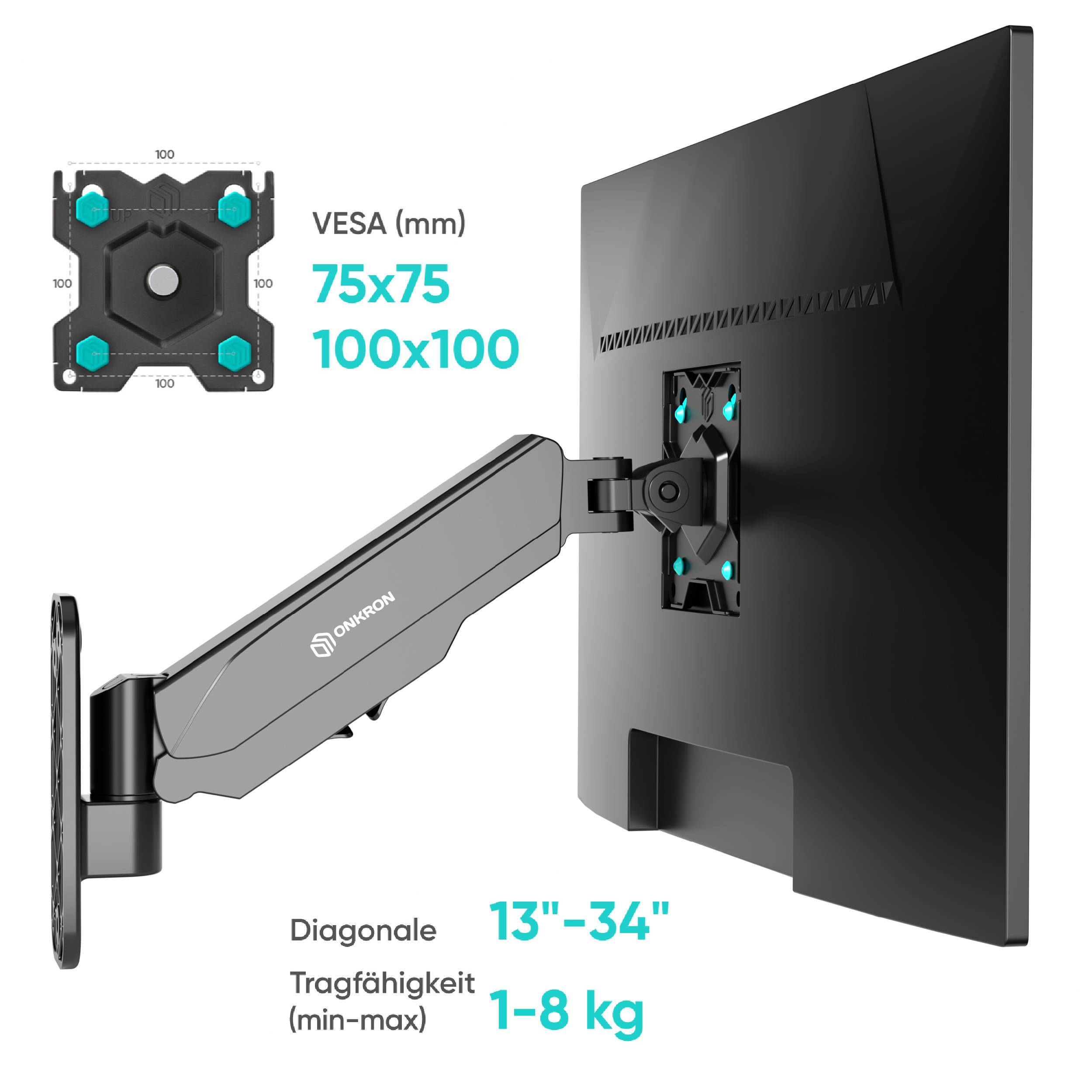 ONKRON Monitorhalterung 13"-34", 8 kg max, VESA 75x75-100x100, Schwenkbar, Neigbar, G120-B Schwarz-3