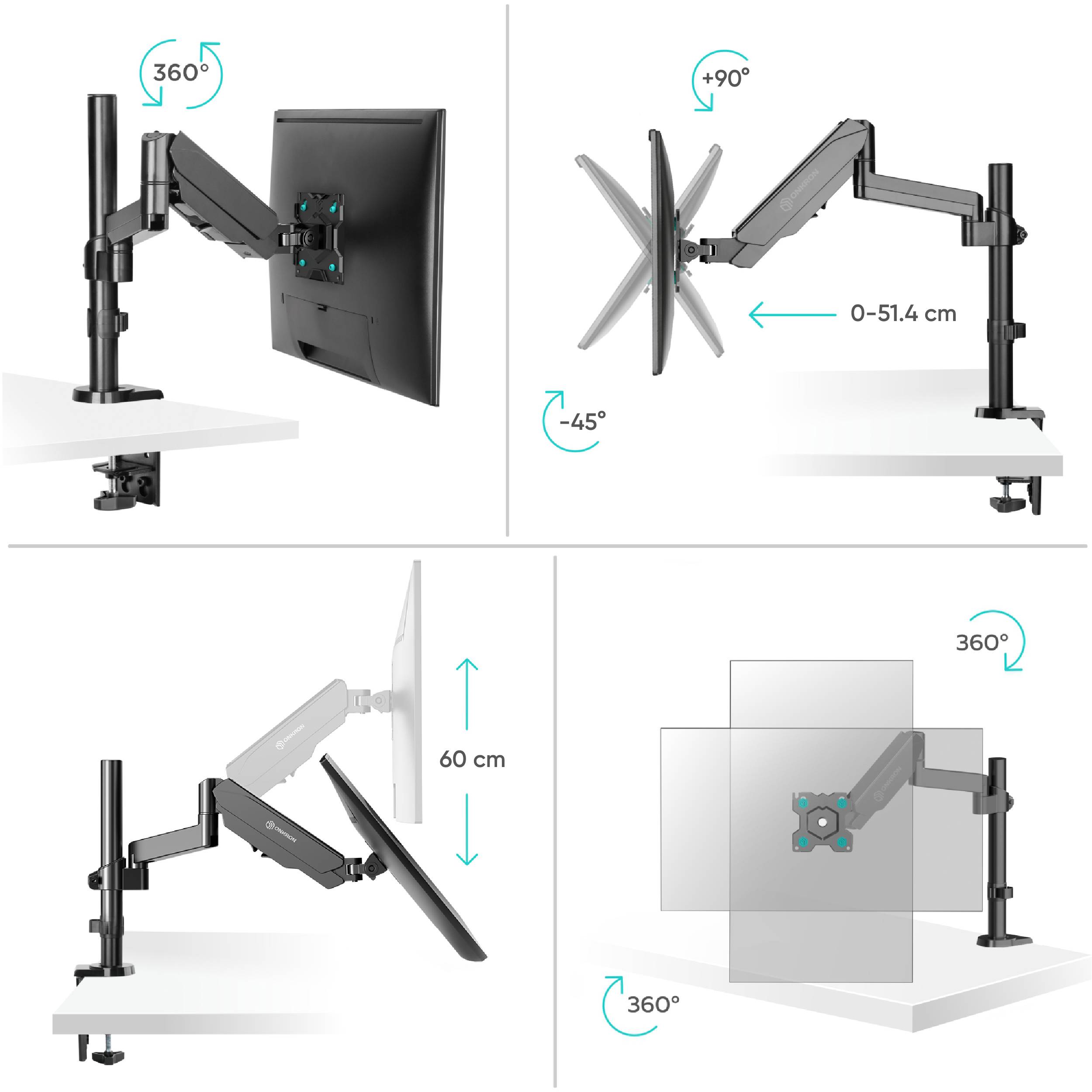 ONKRON PC Monitor Halterung für 13-34 Zoll bis 8 kg, VESA 75x75 & 100x100, schwenkbar, neigbar, drehbar, Schwarz G70-B-2