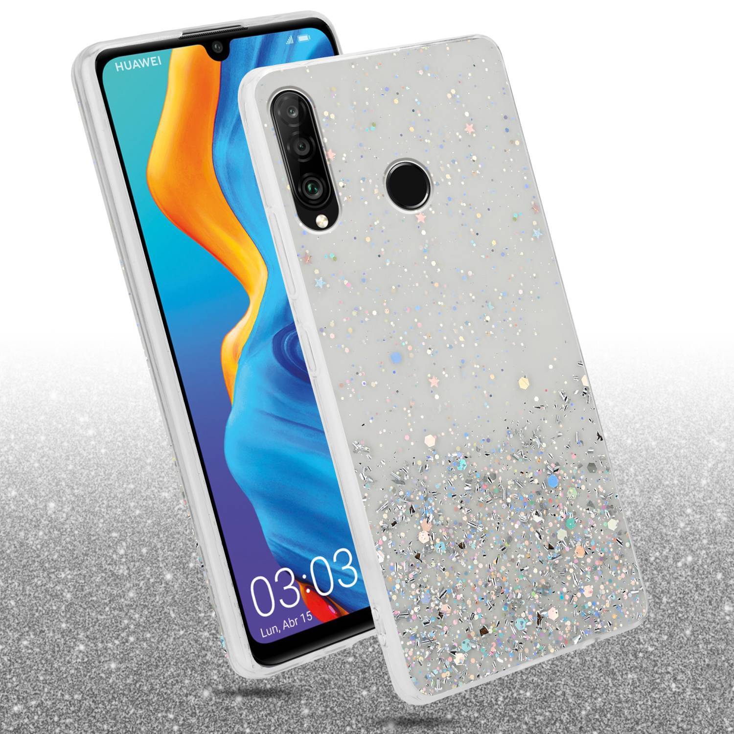 Cadorabo Hülle für Huawei P30 LITE Schutz Hülle in Transparent Handyhülle TPU Etui Glitter Cover Case Glitzer-2