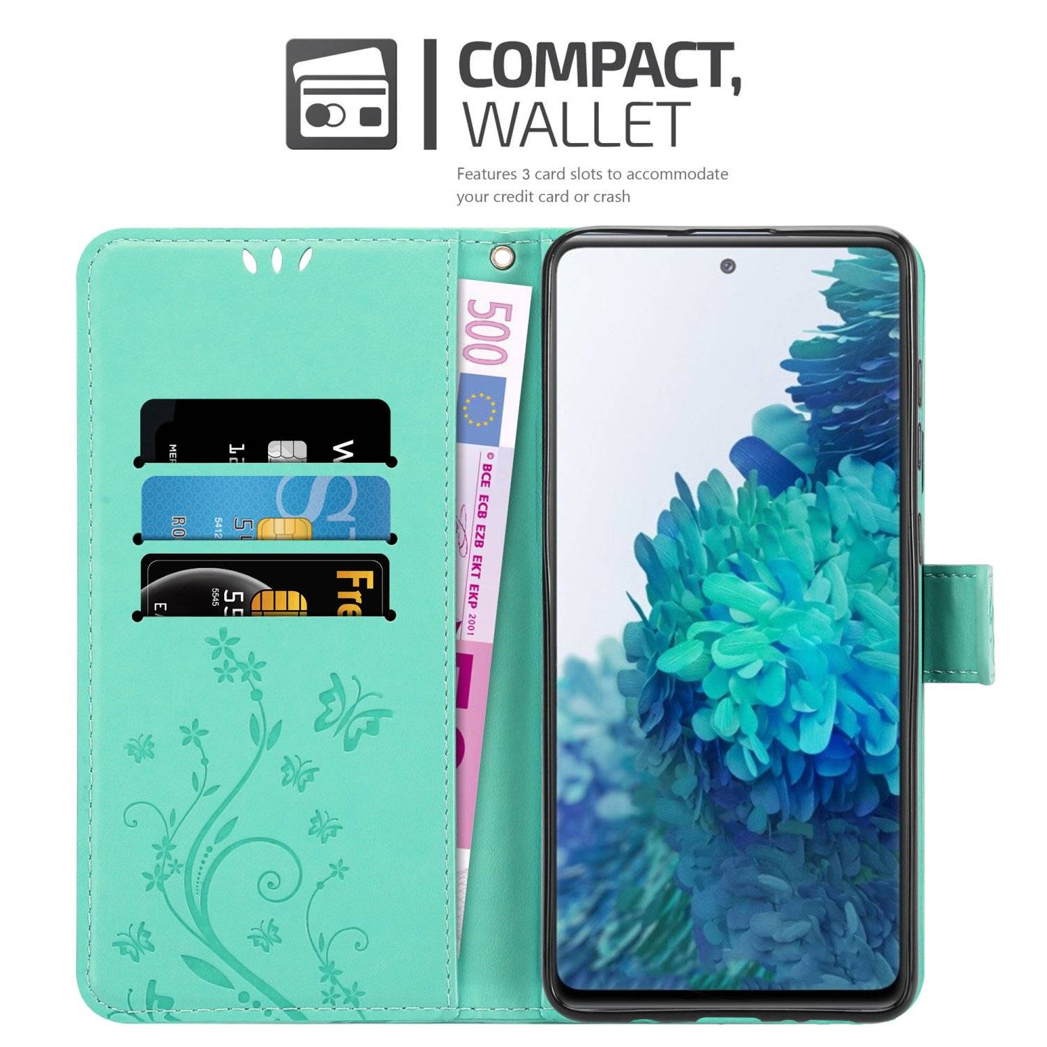 Cadorabo Hülle für Samsung Galaxy S20 FE Schutz Hülle in Türkis Schutzhülle Handy Hülle Etui Case Blumen Flower-2