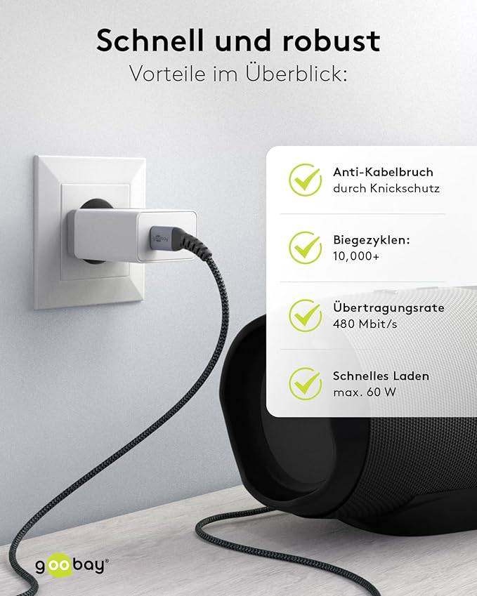 Goobay 49301 USB C auf USB-C Handykabel / 480 Mbits Ladekabel / 60W 20V Textilkabel / robustes Stoffkabel in Grau / 0,5m-5