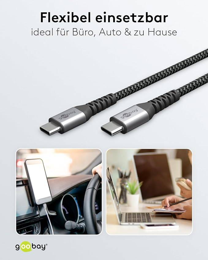 Goobay 49301 USB C auf USB-C Handykabel / 480 Mbits Ladekabel / 60W 20V Textilkabel / robustes Stoffkabel in Grau / 0,5m-6