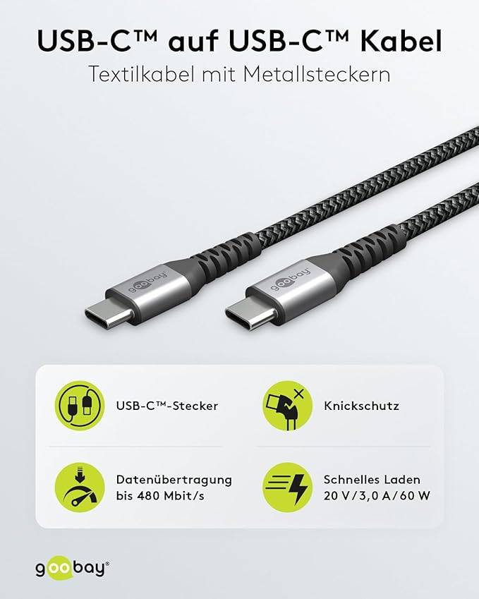 Goobay 49301 USB C auf USB-C Handykabel / 480 Mbits Ladekabel / 60W 20V Textilkabel / robustes Stoffkabel in Grau / 0,5m-1