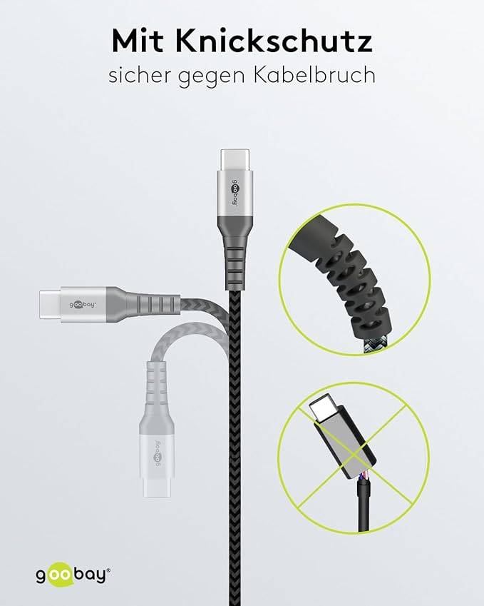 Goobay 49301 USB C auf USB-C Handykabel / 480 Mbits Ladekabel / 60W 20V Textilkabel / robustes Stoffkabel in Grau / 0,5m-2