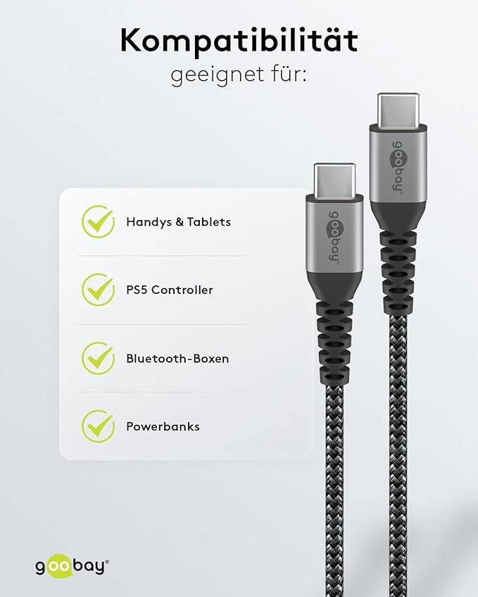 Goobay 49301 USB C auf USB-C Handykabel / 480 Mbits Ladekabel / 60W 20V Textilkabel / robustes Stoffkabel in Grau / 0,5m-4