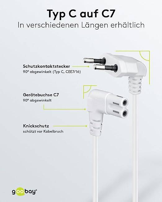 Goobay 97356 Netzkabel 90 Grad abgewinkelt / Eurostecker & C7 Buchse / Universell Stromkabel Eurokabel / Weiß / 3m-2