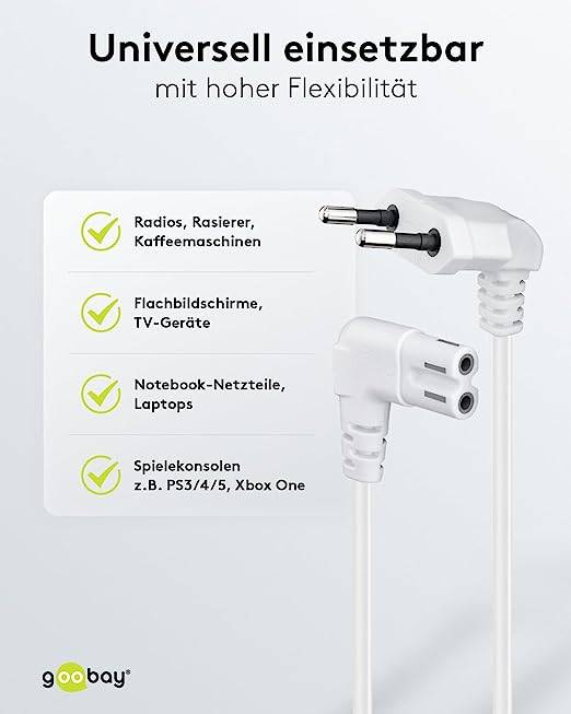 Goobay 97356 Netzkabel 90 Grad abgewinkelt / Eurostecker & C7 Buchse / Universell Stromkabel Eurokabel / Weiß / 3m-3