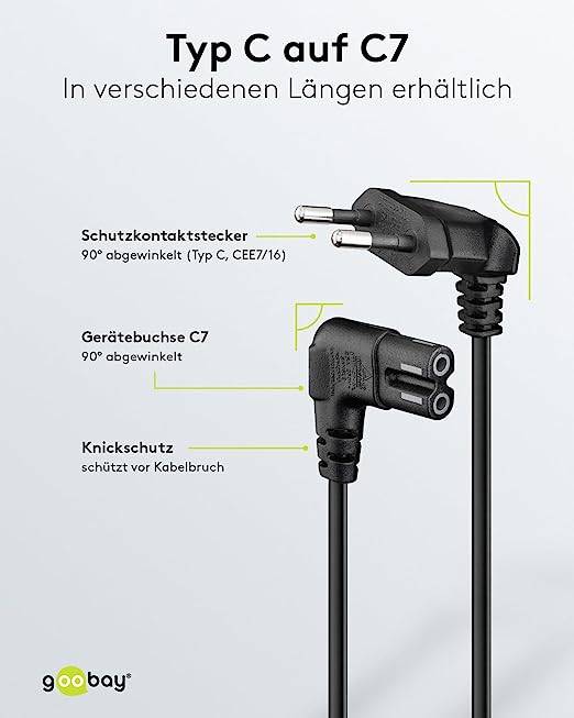 Goobay 56587 Netzkabel 90 Grad abgewinkelt / Eurostecker & C7 Buchse / Universell Stromkabel Eurokabel / Schwarz / 0,3m-2