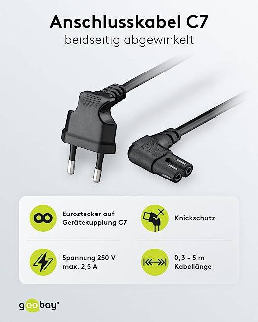 Goobay 97354 Netzkabel 90 Grad abgewinkelt / Eurostecker & C7 Buchse / Universell Stromkabel Eurokabel / Schwarz / 3m-1