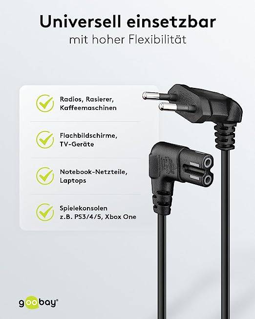 Goobay 97354 Netzkabel 90 Grad abgewinkelt / Eurostecker & C7 Buchse / Universell Stromkabel Eurokabel / Schwarz / 3m-3