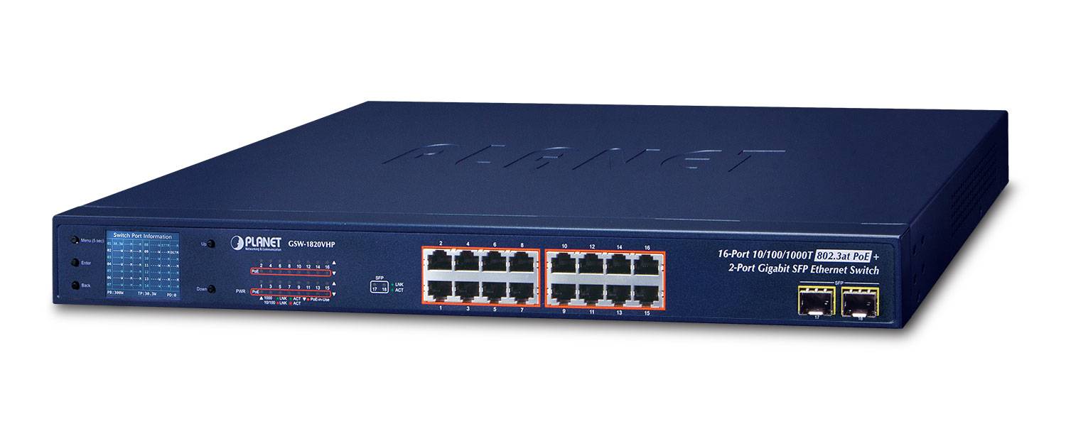 PLANET GSW-1820VHP - Switch - 16 x 10/100/1000 + 2 x Gigabit SFP - an Rack montierbar - PoE+ (300 W)-1