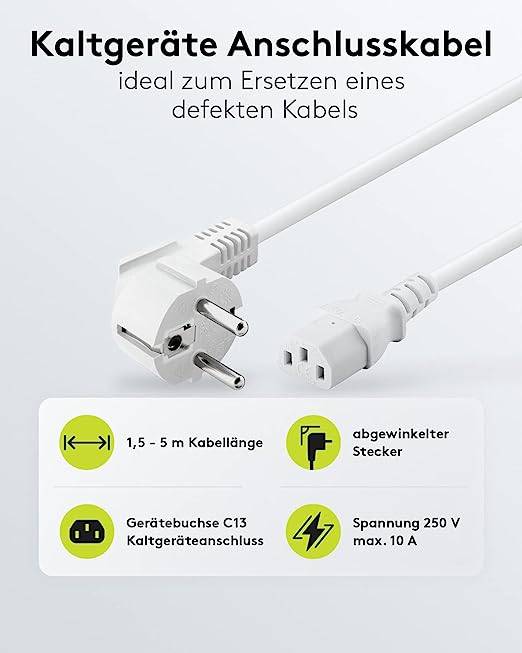 Goobay 95140 Kaltgerätekabel 90 Grad gewinkelt / Schutzkontaktstecker & C13 Buchse / Stromkabel Netzkabel / Weiß / 2m-1