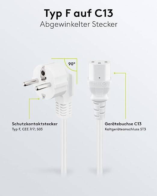 Goobay 95140 Kaltgerätekabel 90 Grad gewinkelt / Schutzkontaktstecker & C13 Buchse / Stromkabel Netzkabel / Weiß / 2m-2