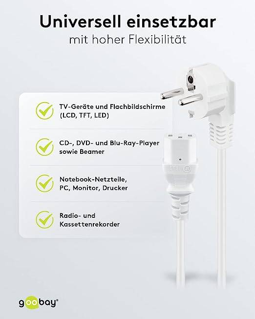 Goobay 95140 Kaltgerätekabel 90 Grad gewinkelt / Schutzkontaktstecker & C13 Buchse / Stromkabel Netzkabel / Weiß / 2m-3