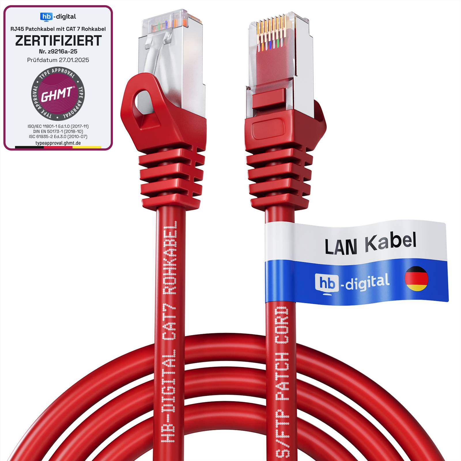 hb-digital Patchkabel 3m CAT7 Rohkabel LAN Kabel S/FTP PiMF LSZH rot-0