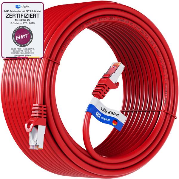 hb-digital Patchkabel 30m CAT7 Rohkabel LAN Kabel S/FTP PiMF LSZH rot