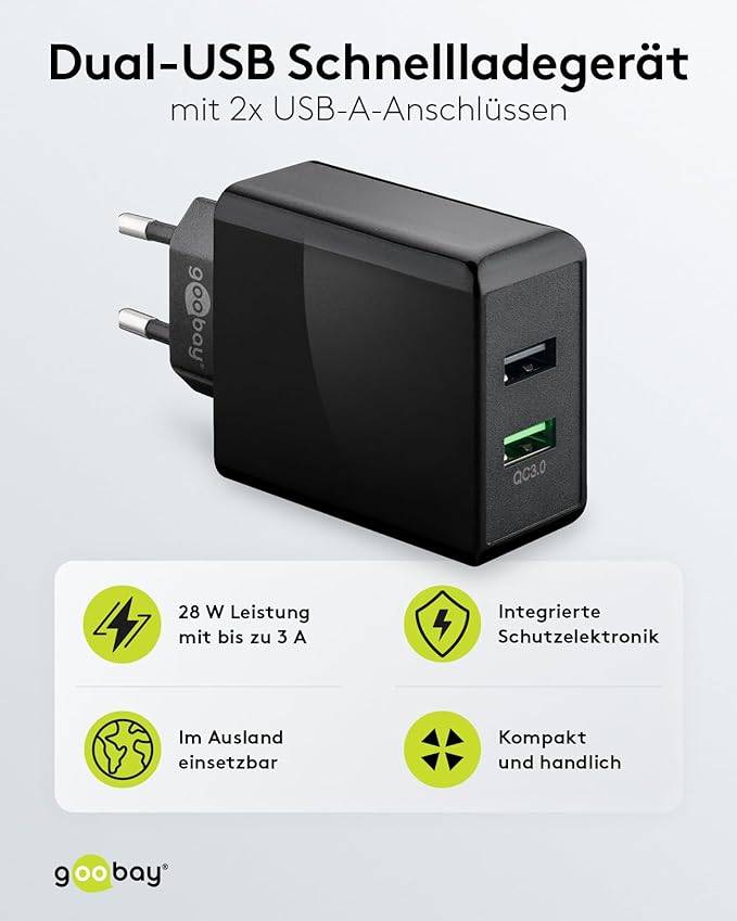Goobay 44956 Dual USB Netzteil 28W Quick Charge Universal Ladegerät USB Typ A Adapter 2 Port Schnellladegerät Schwarz-1
