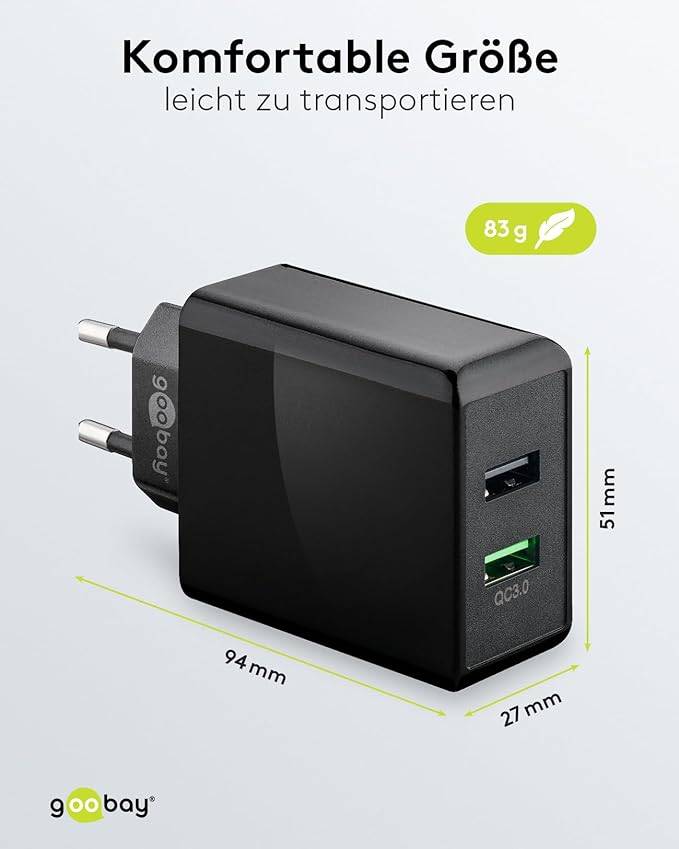 Goobay 44956 Dual USB Netzteil 28W Quick Charge Universal Ladegerät USB Typ A Adapter 2 Port Schnellladegerät Schwarz-2