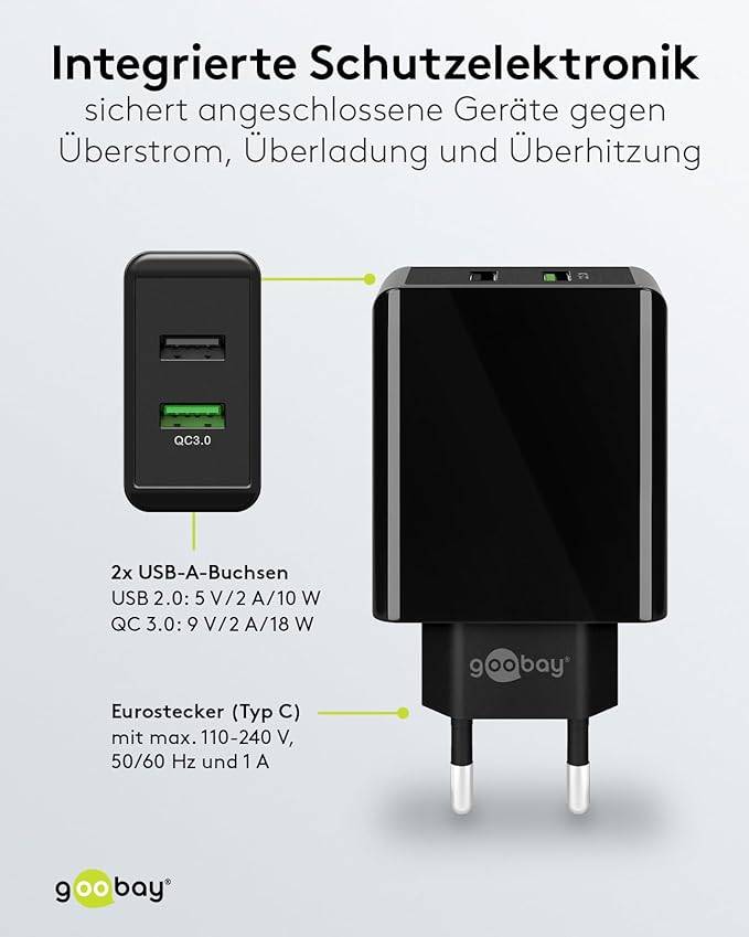 Goobay 44956 Dual USB Netzteil 28W Quick Charge Universal Ladegerät USB Typ A Adapter 2 Port Schnellladegerät Schwarz-3