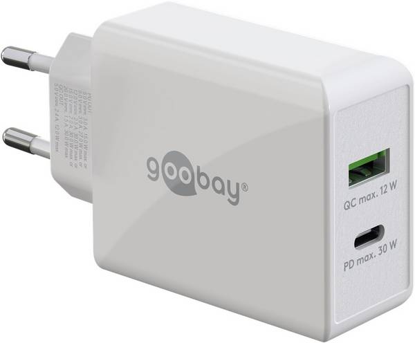Goobay 61674 Dual Port USB Netzteil 30W / Schnellladegerät PD & QC / USB-A & USB-C Adapter / USB Charger Ladegerät Weiß