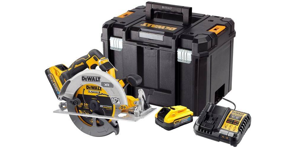 DeWalt Akku-Handkreissäge 18 V (bürstenlos), incl. 2x Akku 5 Ah, Schnellladegerät, Zubehör, TSTAK-Box-1