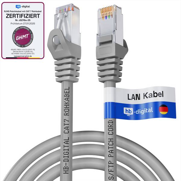 hb-digital 1x Netzwerkkabel 7.5m CAT7 RJ45 S/FTP PiMF LSZH AWG 26 halogenfrei grau